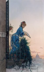 Elegantní kráska na balkóně s výhledem na Řím, s Dómem svatého Petra v dálce