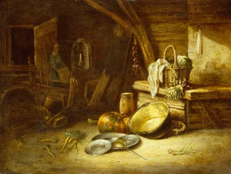 Kuchyň se zeleninou v proutěném koši, cínovými talíři a dýní (olej na mědi)