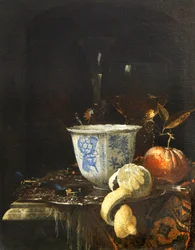 ""Nature morte au bol de porcelaine chinoise"" (Zátiší s čínskou porcelánovou mísou) Peinture de Willem Kalf (1619-1693) Olej na plátně, 52,5x41,8 - Fondation Custodia