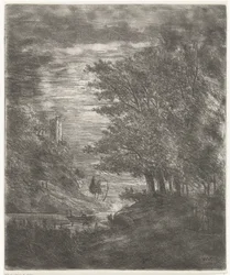 Kopcovitá krajina s ruinami a lodí na vodě za měsíčního svitu