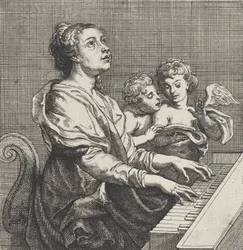 Svatá Cecílie hrající na varhany se dvěma putti vpravo, kolem 1631.