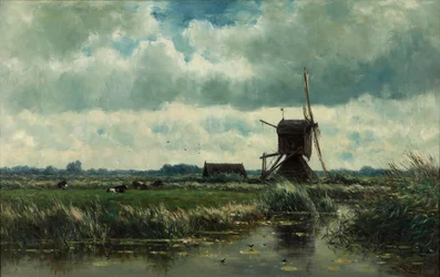 Polder krajina s větrným mlýnem poblíž Abcoude