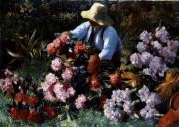 Rododendrony. Zahradník se stará o květiny na zahradě. Obraz Willema Roelofse (1822-1897, Nizozemí) Soukromá sbírka