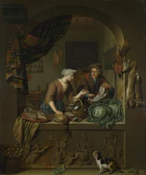 Žena a prodavač ryb v kuchyni, 1713