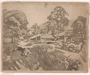 Domy v kampong se sopkami Salak a Gedeh v pozadí, Buitenzorg