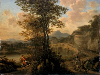 Italská říční krajina s kamenným mostem, 1650