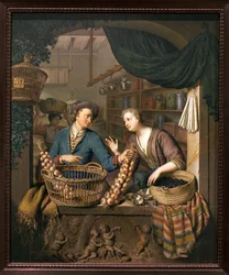 Prodejce cibule. Obraz Willem van Mieris (1662-1747), olej na dřevě