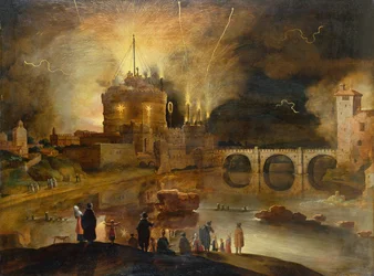 Castel Sant Angelo, Řím, s obyvateli města sledující noční ohňostroj (olej na panelu)