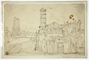 Pohled do Říma: Torre della Melisa, ruiny raně křesťanského kostela