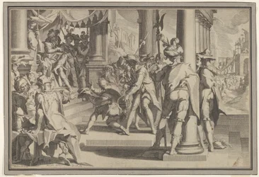 Alegorie spravedlnosti Posvátnost zákona se soudní scénou zobrazující muže, který dostává milost..., 1605.
