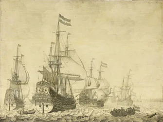 Přímořská krajina s holandskými válečnými muži včetně Drenthe a prince Fredericka-Henryho, kolem roku 1670 (malba na panelu)