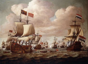 Anglické a nizozemské loďstvo si na moři vyměňuje salvy, v popředí „Prince“ a „Gouden Leeuw“, 1684