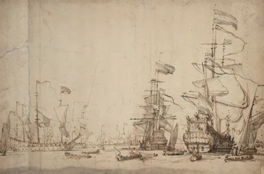 Válečná rada v nizozemské flotile Květen 1665, asi 1674 (pero, hnědá tuš, šedá barva)