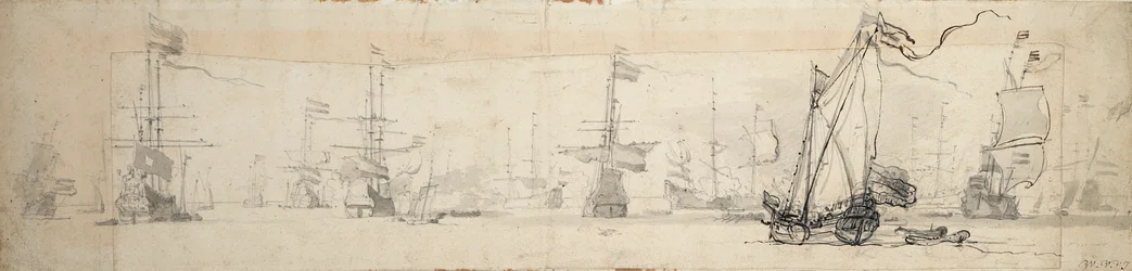 Státní jachta pod plachtami a lodě na kotvách, asi 1665 (grafit, šedá barva)