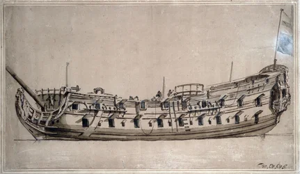 Britská loď čtvrté třídy se 42 děly, postavená kolem roku 1675. Kresba tuší od Willema van de Veldeho mladšího (1633-1707)
