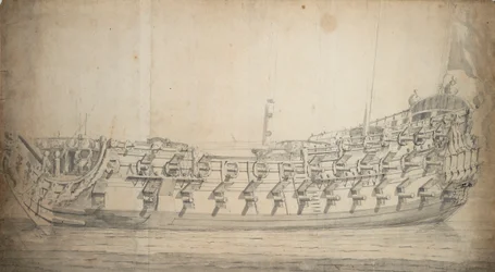 Portrét lodi "Grafton", třetí třídy, postavené v roce 1679 a přestavěné v roce 1700, asi 1680 (grafit, šedá barva)
