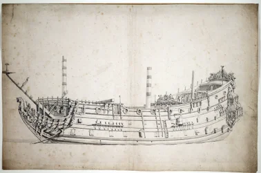 Portrét lodi "Triumph" (nebo "Saint George"), 70 děl, postavené v roce 1623, s hlavní postavou představující Neptuna a dvěma mořskými koníky, se třemi kompletními palubami.