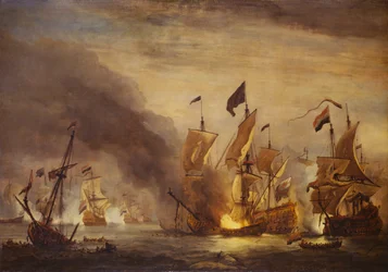 Spálení lodi HMS "Royal James" v bitvě u Solebay, 28. května 1672, konec 17. století (olej na plátně)