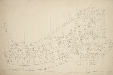 Amsterdamská loď, pravděpodobně indická, s asi 50 děly, asi 1670 (grafit)