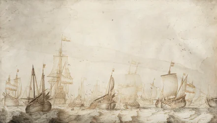 Nizozemská plavidla lovící sledě obecného v Severním moři. Kresba tuší a lavírováním (27,4 × 47,6 cm), William van de Velde starší (asi 1611-1693), kolem roku 1650.