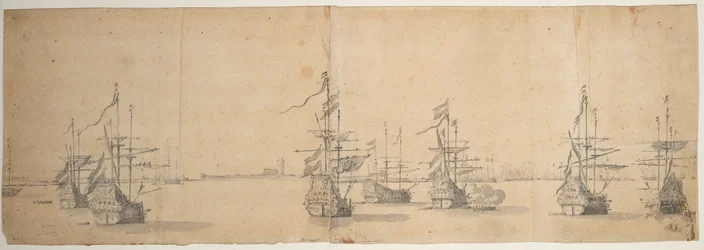 Nizozemské lodě kotvící u nízkého břehu, asi 1658 (grafit, šedá barva)