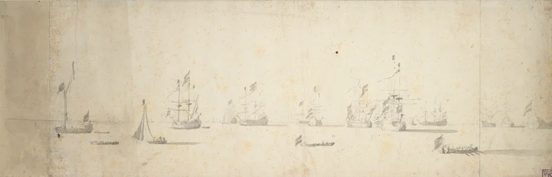 Nizozemské lodě kotvící u pevniny, asi 1664 (grafit, šedá barva)