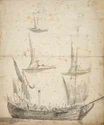 Portrét malé holandské obchodní lodi, asi 1665 (grafit, šedá barva)