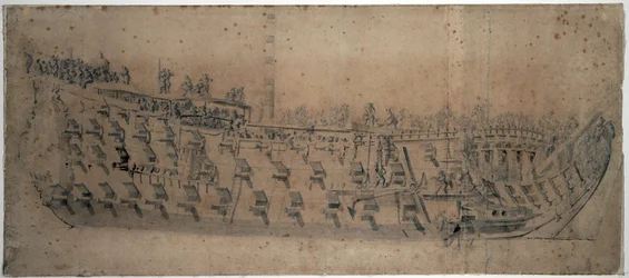 Portrét lodi "London" postavené v roce 1670, prvotřídní lodi s 96 děly. Kresba a tempera kolem roku 1676, autor Willem van de Velde l