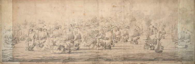 Bitva u Lowestoftu, 3.-13. června 1665, asi 1674 (grafit, tuš)