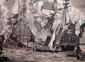 Bitva o Zvuk mezi nizozemským a švédským loďstvem, 8. listopadu 1658. Detail - olejomalba