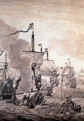 Bitva o Zvuk mezi nizozemským a švédským loďstvem, 8. listopadu 1658. Detail - olejomalba