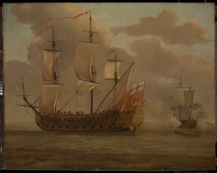Loď "Woolwich" před lehkým vánkem, asi 1677 (olej na desce)