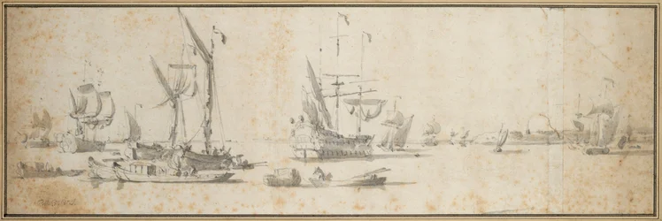 Dva dělníci a loď kotvící v přístavu, kolem roku 1681 (grafit, šedá barva)