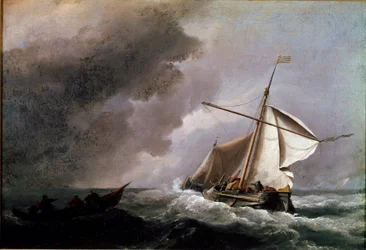Nizozemská loď spouští plachty a čeká na záchranný člun Malba Willema Van de Velde mladého (1633-1707) 1660 Sun. 23,2x33,2 cm Londýn, Národní galerie