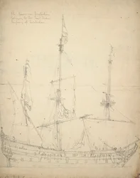 Portrét "Beurs van Amsterdam". Postavena v roce 1654 jako indická loď. 52 děl. Přijata do státních služeb 1665. Vrácena společnosti 1666, cca 1665 (ofset)