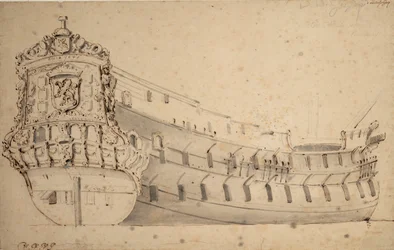 Portrét lodi "Ridderschap", 66 děl, Admirality Maas, postavené v roce 1666 a ztracené na moři v roce 1690, asi 1686 (grafit, šedá barva)