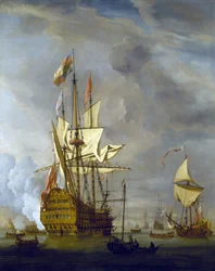 Loď HMS "Royal Sovereign" střílí z děla na uvítanou v přístavu, doprovázená královskou jachtou, za klidného počasí. Olej na plátně