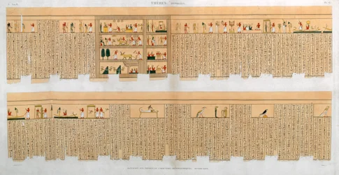 Ilustrace rukopisu s hieroglyfy, z hrobky v Thébách, Egypt, 1822