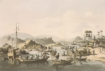 Cochin-Chinese Shipping on the River Taifo, plate 15 from „A Voyage to Cochinchina“ od Johna Barrowa (1764-1848), vyryto Thomasem Medlandem (1755-1823) 1806 (akvatinta)