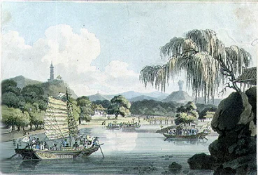 Pohled na východní stranu císařského parku v Geholu, deska 4 z knihy Johna Barrowa "Travels in China", vyryl Thomas Medland (1755-1823) 1804 (akvatinta)