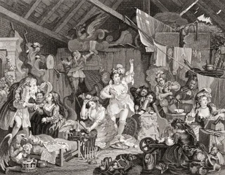 Strolling Players reheating in a Barn, vyrytý G Presbury, z The Works of Hogarth publikovaných v Londýně 1833 (č/b rytina)