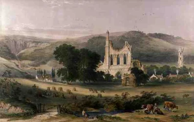 Byland Abbey z jihozápadu, z 