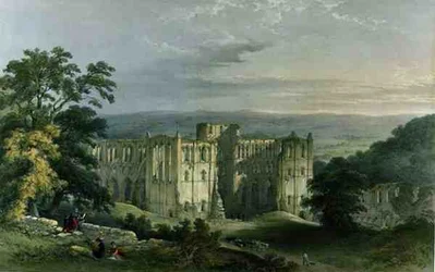 Opatství Rievaulx v Žitném údolí, z „Klášterních zřícenin Yorkshire“, vyryl George Hawkins