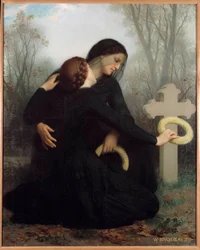 Den mrtvých Matka a dcera před hrobem zesnulého otce a manžela (?). Obraz Williama Adolphe Bouguereaua (1825-1905) Sun. 1,20 x 1,47 m. Bordeaux. Muzeum výtvarných umění