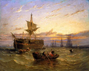 Britská východoindická obchodní loď na Temži (Anglie). Olej na plátně, William Adolphus Knell (1802-1875).