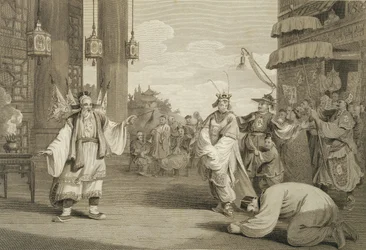 Scéna v historické hře vystavené na čínské scéně, vyryla James Heath (1757-1834) hospoda. G. Nicol, 1796
