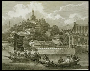 Pohled do zahrad císařského paláce, Peking, detail, ryl Samuel Smith, hospoda. G. Nicol, 1796