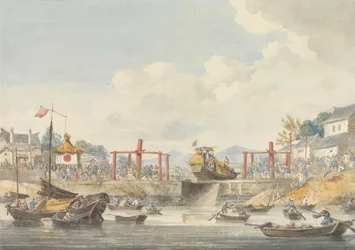 Čluny velvyslanectví se zvedají z jednoho kanálu do druhého na cestě z Han-Tcheou-Foo do Tchu-San, 16. listopadu 1793