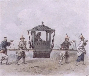 Čínští sluhové nesoucí Palanquin (akvarel)