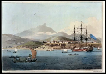 Porto Praya na ostrově St. Jago, tabule 4 z knihy „A Voyage to Cochinchina“ od Johna Barrowa (1764-1848), rytina Thomase Medlanda (1755-1823), 1806